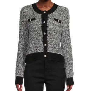 Laundry by Shelli Segal Tweed Knit Cardigan – Black & White Bouclé Jewels SZ L